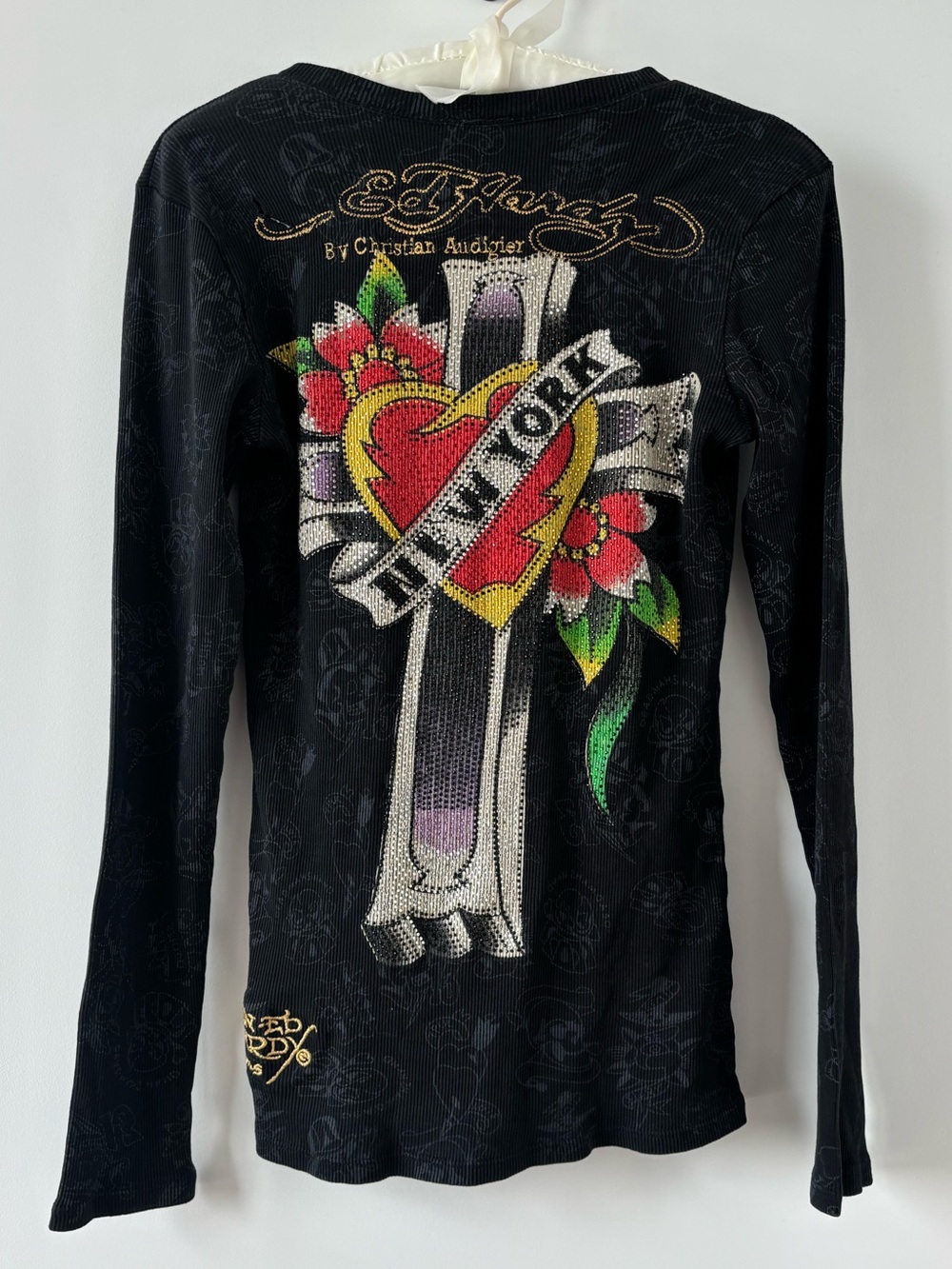 Y2K Ed Hardy by Christian Audigier New York Cross Rhinestone Thermal Long Sleeve - Picture 2 of 8